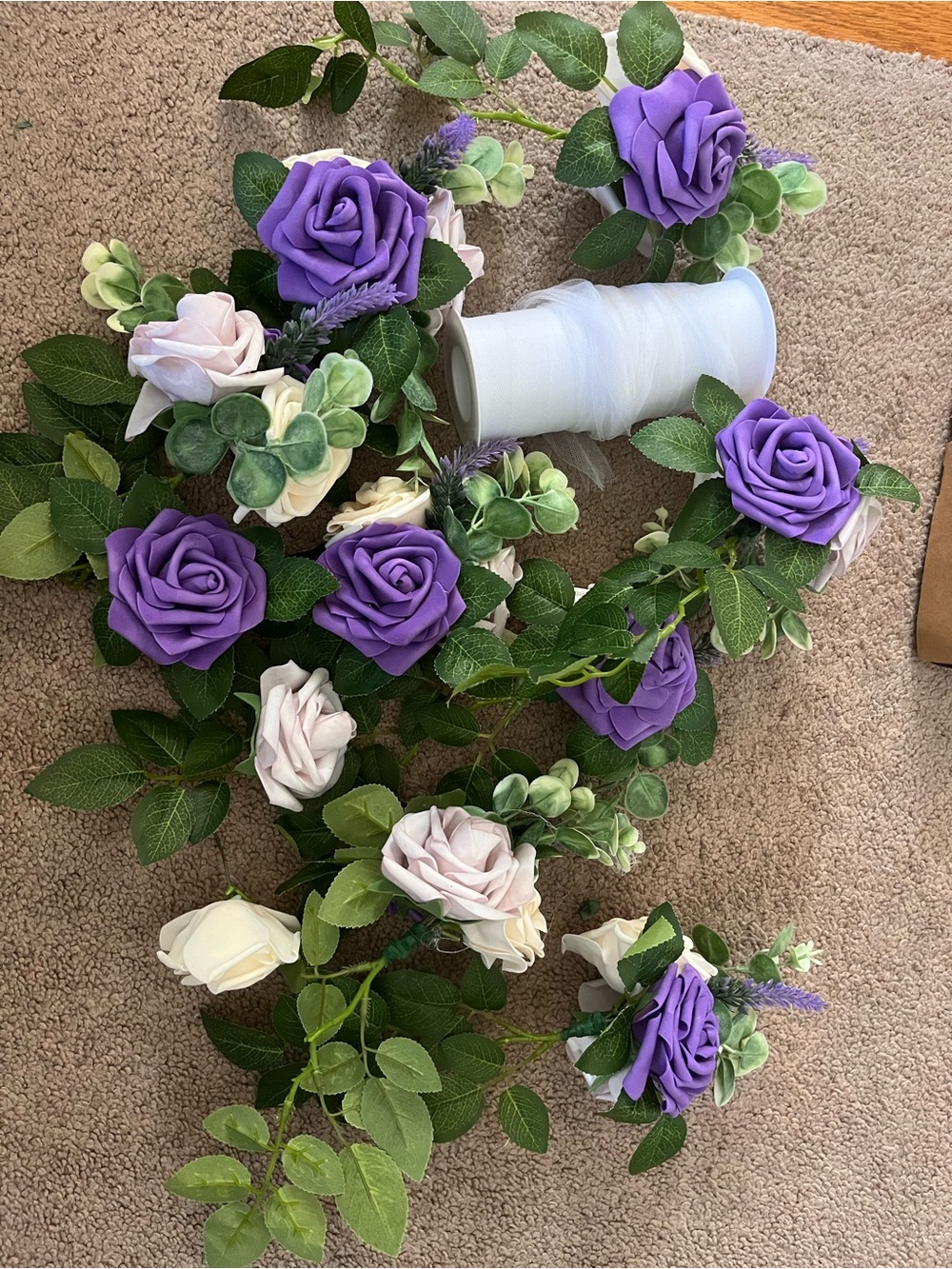 Artificial Floral Garland with Purple and Cream Roses, Tulle & Raffia